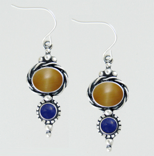 Sterling Silver Drop Dangle Earrings With Cat's Eye And Lapis Lazuli